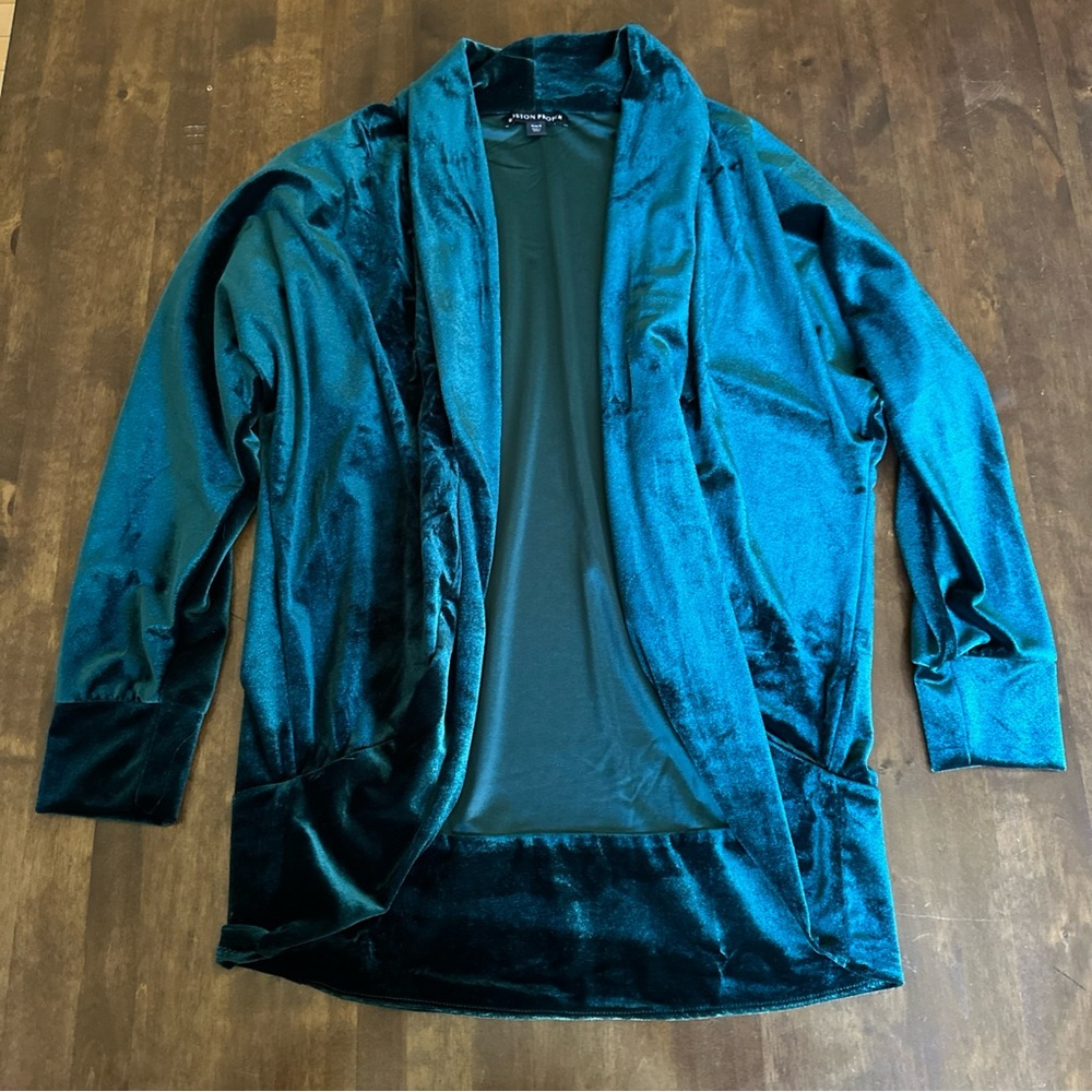 Boston Proper Small Green Velvet Cardigan Top Open Front Blouse‎ Offiice Casual